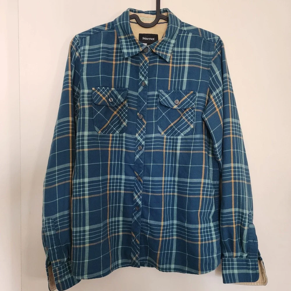 Marmot Womens Teal Blue Plaid Flannel Button Down Shirt Corduroy Trim Small Hike